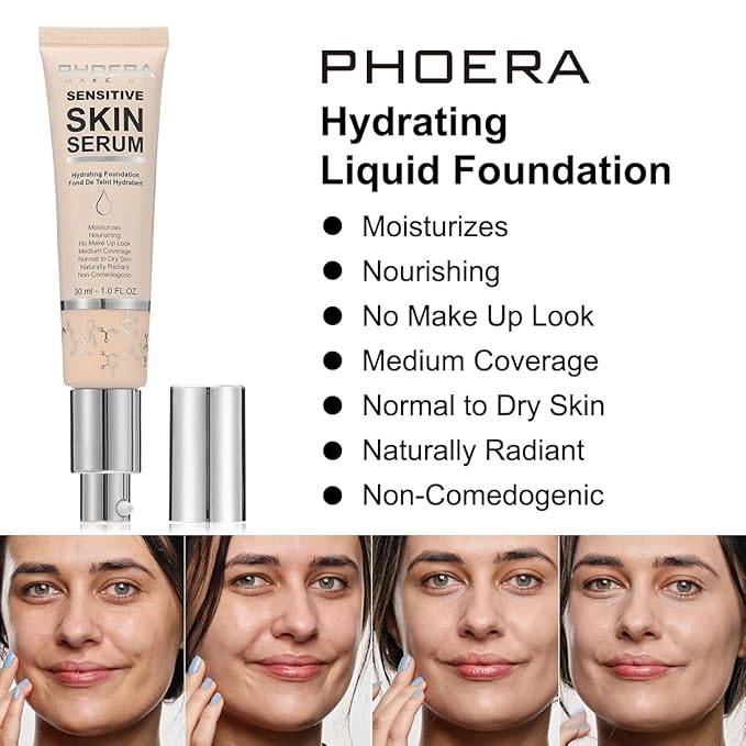 PHOERA Hydrating Serum Foundation,Makeup Base Foundation Hypoallergenic and Flawless Full Coverage. (N04 Sand)
