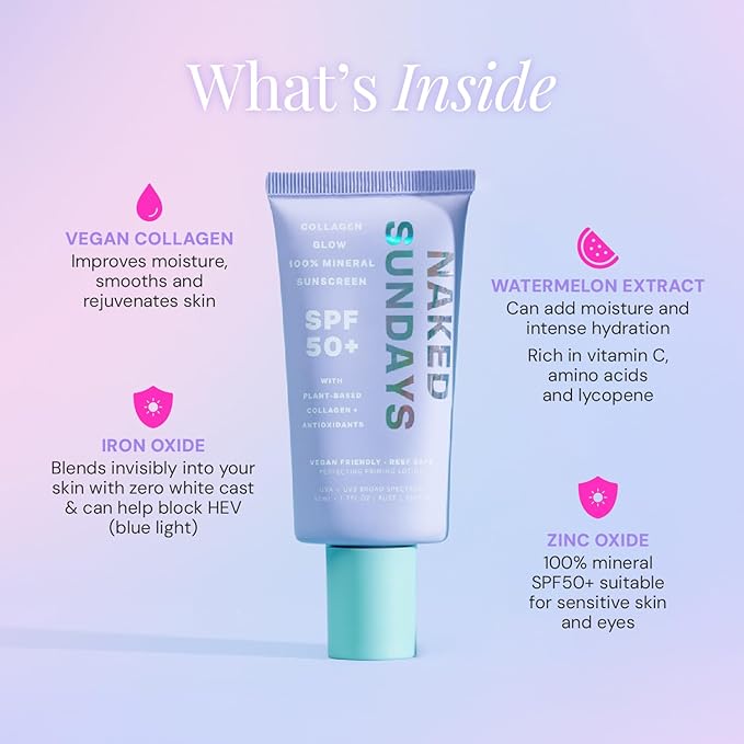 Naked Sundays SPF 50 Daily Facial Moisturizer, All-in-one Mineral Sunscreen, Face Lotion, Makeup Primer with Broad Spectrum UVA/UVB + Zinc Oxide, 50ml