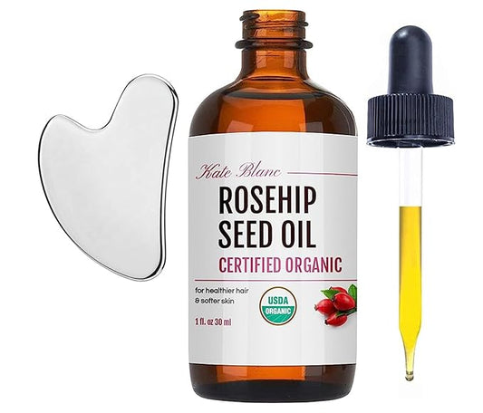 Kate Blanc Cosmetics Rosehip Oil for Face with Stainless Gua Sha (1oz, Organic, Pure, Cold Pressed) Rosehip Seed Face Oil for Gua Sha Massage