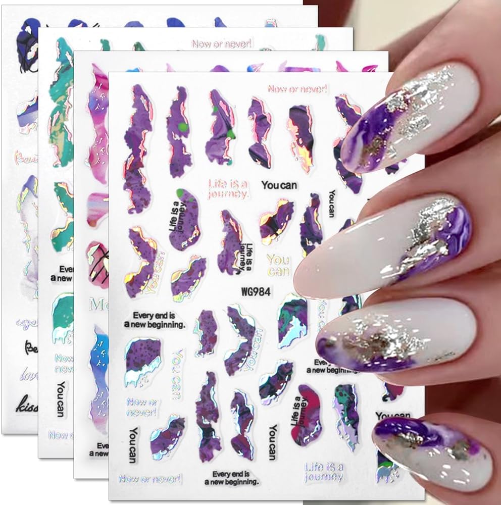 6 Color Marble Nail Art Stickers - Women's 3D Bronzing Silver & Watercolor Blooming Decals - Self Adhesive Foil Nail Designs
