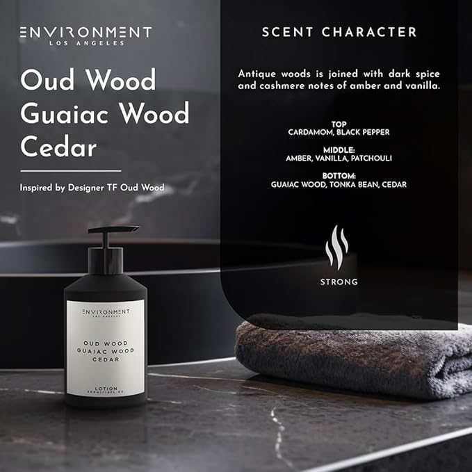 ENVIRONMENT Inspired by Designer TF Oud Wood Lotion, 300ml Luxury Scented Lotion (Oud Wood | Guaiac Wood | Cedar) Bathroom Luxury, Men & Women High-End Body Lotion, Hand Cream, Dry Skin Treatment