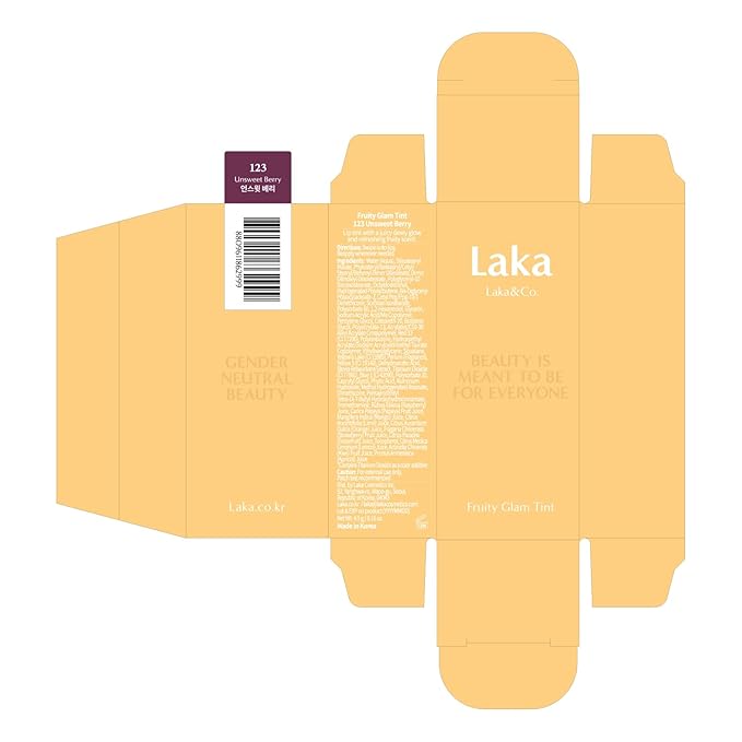 Laka Fruity Glam Tint, 4.5g/0.15 oz., Glowing Lip Stain with Wide Color Spectrum, Hydrating & Lightweight Texture, Long-Lasting Bold Stain, Non-Sticky, Vegan, K-Beauty (#123 Unsweet Berry)
