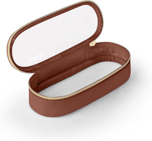 Clear Travel Makeup Brush Holder, Leather Makeup Brush Toiletry Bag, Portable Cosmetic Brush Case, Transparent Waterproof Makeup Brush Storage Bag, Brown