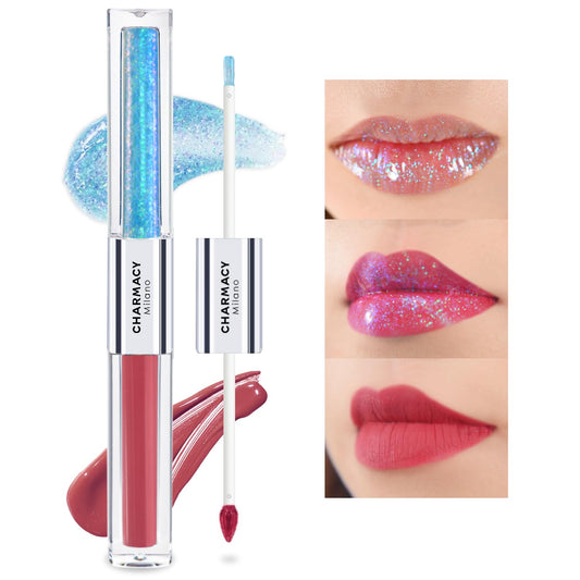 CHARMACY Multichrome Double Head Non-Stick Lip Gloss, Metallic Colourful Lip Glaze, Anti-transfer, Long Lasting Waterproof Liquid Lipstick Makeup (#02)
