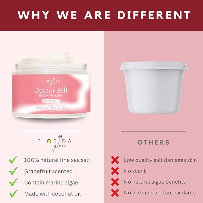 Sea Salt Body Scrub by Florida Suncare - Ocean Salt Body Polish Infused with Marine Algae - Exfoliating Face and Body Scrub - Facial Scrub Exfoliator to Tackle Acne (Grapefruit, 3.3 oz)