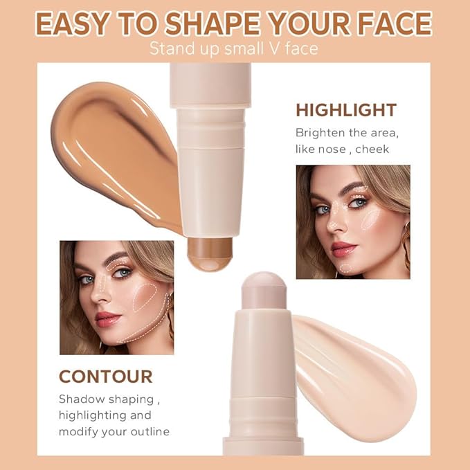 Double head contour stick, Highlight & Contour Bronzer Stick, durable and waterproof contour stick set, facial makeup contour face cream (03#Bronzer contour and glow sticks) ﻿