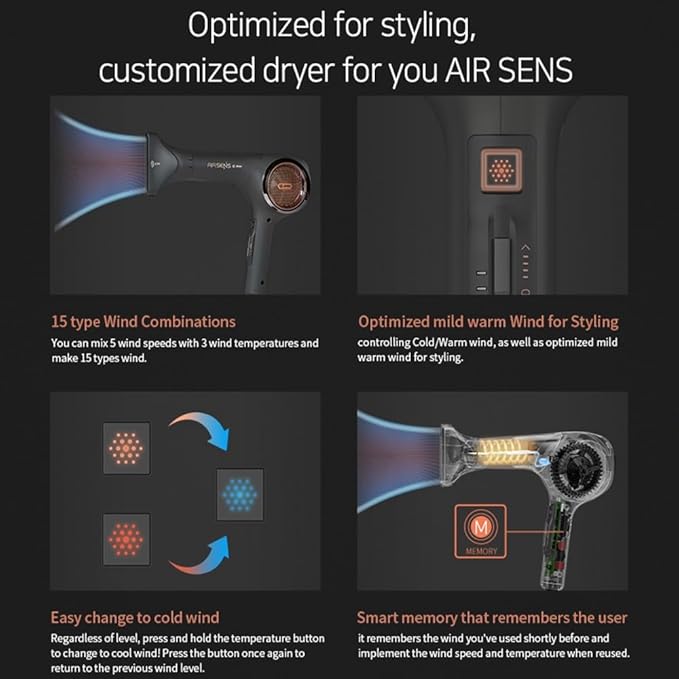 JMW Korean Professional Salon Hair Dryer AIR Sense I 15 Winds-3 Heat X 5 Speed Mix, 2 Nozzles & Dryer Stand, Upgrade BLDC Motor, 100% Cool Shot, Smart Memory, Fast Drying, Quiet and Long-Lasting