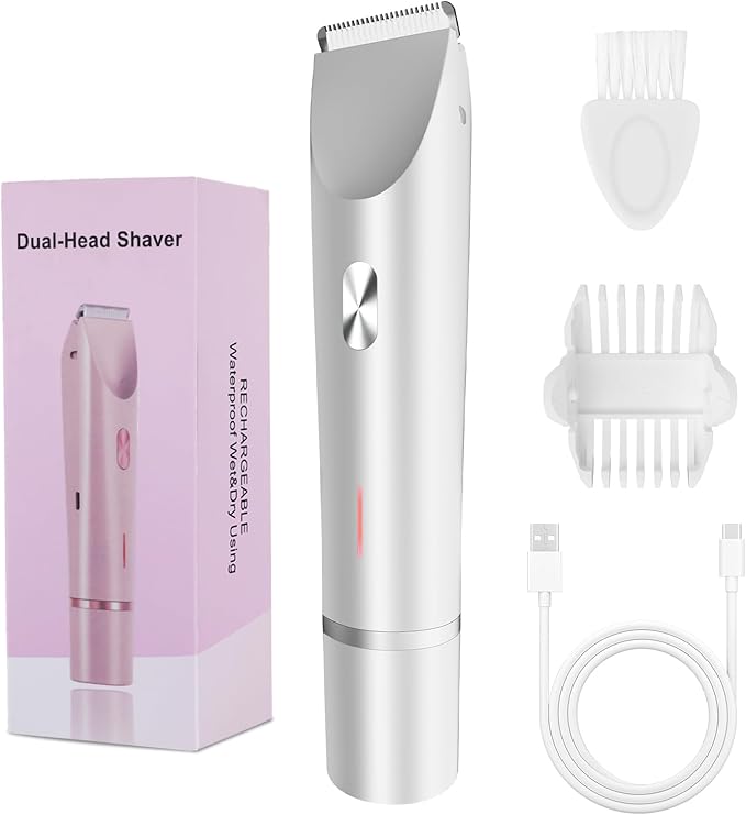 2-in-1 Bikini Trimmer for Women, Bikini Shaver with Dual Heads, Painless Body and Facial Hair Removal, Rechargeable Cordless Electric Razors for Face Chin Pubic Underarm Legs, IPX7 Waterproof, White