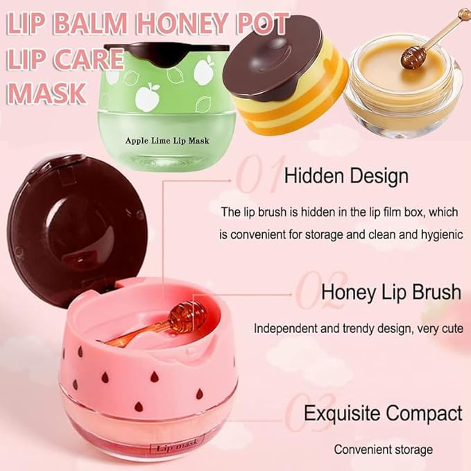 3PCS Bee Lip Balm Honey Pot,Honey&Apple Lime Lip Mask Overnight Moisturizing Lip Balm,Hydrating Prevention Dry and Cracked Reduces Lip Lines Lip Sleeping Mask (Honey+Strawberry+Apple Lime)