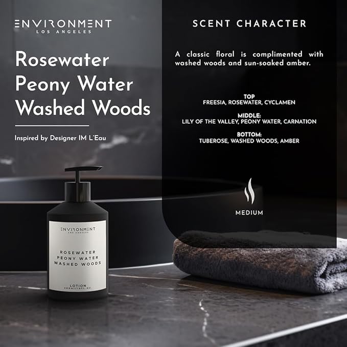 Stone Candles ENVIRONMENT Inspired by Designer Perfume IM L'Eau Lotion, 300ml Luxury Scented (Rosewater | Peony Water | Washed Woods) Bathroom Luxury, Men & Women High-End Body Hand Cream, Dry Skin