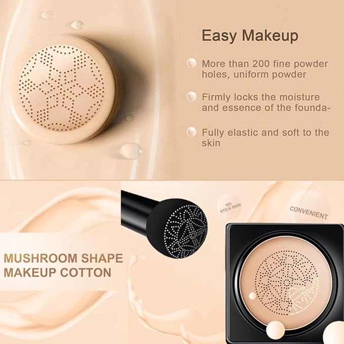 Air Cushion CC Cream Mushroom Head Foundation Air Cushion BB Cream Concealer Moisturizing Brighten Makeup Long Lasting Waterproof-Natural 1Pack