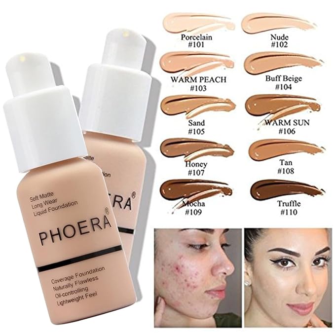 PHOERA Foundation Makeup for Wome Full Coverage Foundation Set,Face Primer Foundation Brush Powder Brush,5 Makeup Sponge,30ml PHOERA 24HR Matte Oil Control Concealer (111 Chestnut)