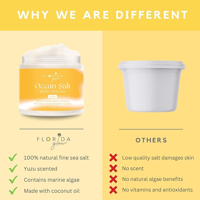 Sea Salt Body Scrub by Florida Suncare - Ocean Salt Body Polish Infused with Marine Algae - Exfoliating Face and Body Scrub - Facial Scrub Exfoliator to Tackle Acne and Scars (Yuzu, 3.3oz)