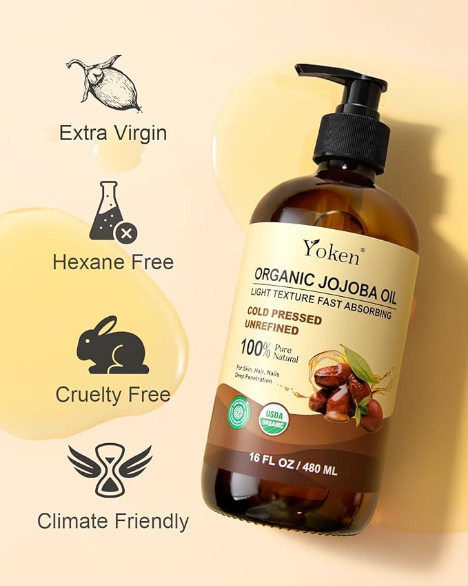 Yoken Organic Jojoba Oil Glass Bottle 16 fl oz, USDA Certified 100% Pure & Natural Jojoba Oil for Hair, Skin & Face, Cold Pressed Unrefined Hexane Free, Deeply Moisturizing Body Serum for Gua Sha