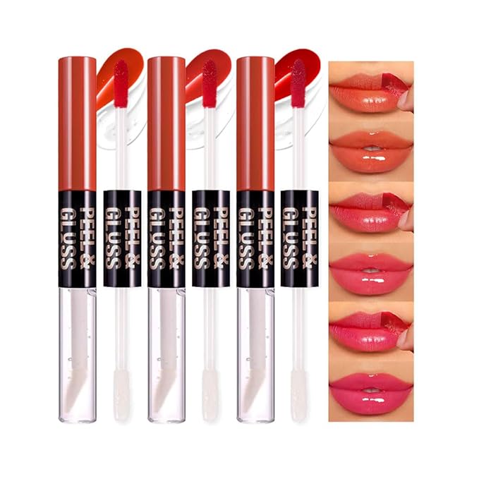 3Pcs Peel Off Lip Gloss Tattoo and Lip Oil, Lip Stain Peel Off Masque - Peel Off Lip Tint ,Long Lasting Waterproof Transfer-proof Lip Mask Lip Gloss Peel Off Lip Liner,Stay Lip Makeup 01#+02#+04#