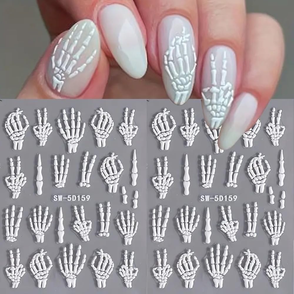 Halloween Nail Art Stickers Decals 3PCS Skeleton Nail Decals 5D Embossed Skull Nail Stickers White Hand Bones Finger Skeleton Halloween Nail Art Supplies Self-Adhesive Manicure Decorations