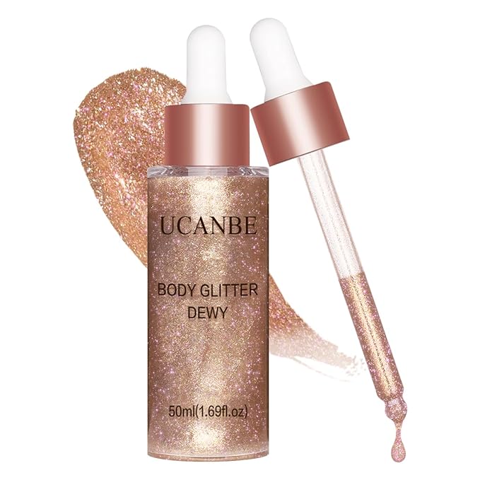 UCANBE Hydrating Body Glitter Dewy Highlighter Makeup Luminizer Drops Body Shimmer Liquid Face Glow Sparkles for Women Gifts (Rose Gold - 03)