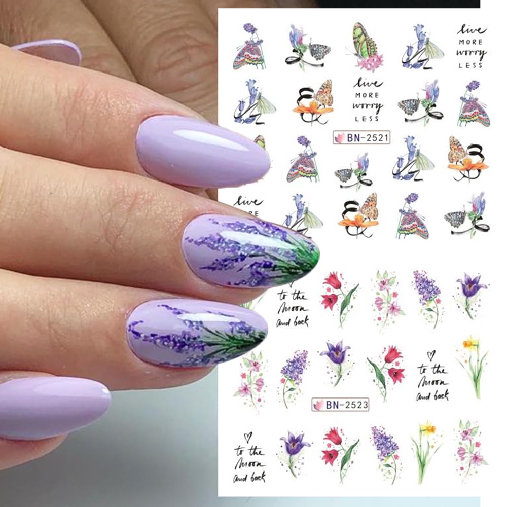 12 Sheets Flower Water Transfer Nail Stickers Purple Fresh Flower Nail Art Decals with Assorted Pattern Blossom Floral Butterfly Dragonfly DIY Nail Art supplies for Women Nail Decorations Manicure Tip