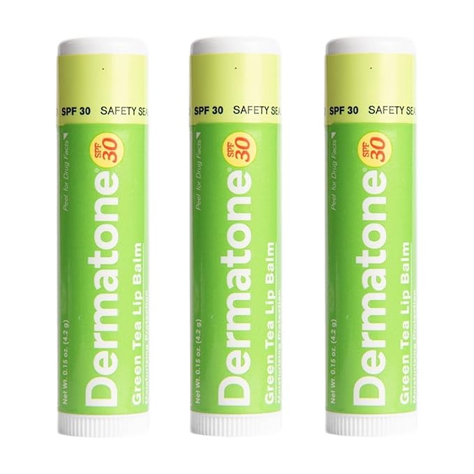 Dermatone Green Tea Lip Balm SPF 30 | Moisturizing | Medicated | Aloe & Vitamin E | Soothes Chapped & Cracked Lips | 3-pack (Green Tea, 0.15oz)