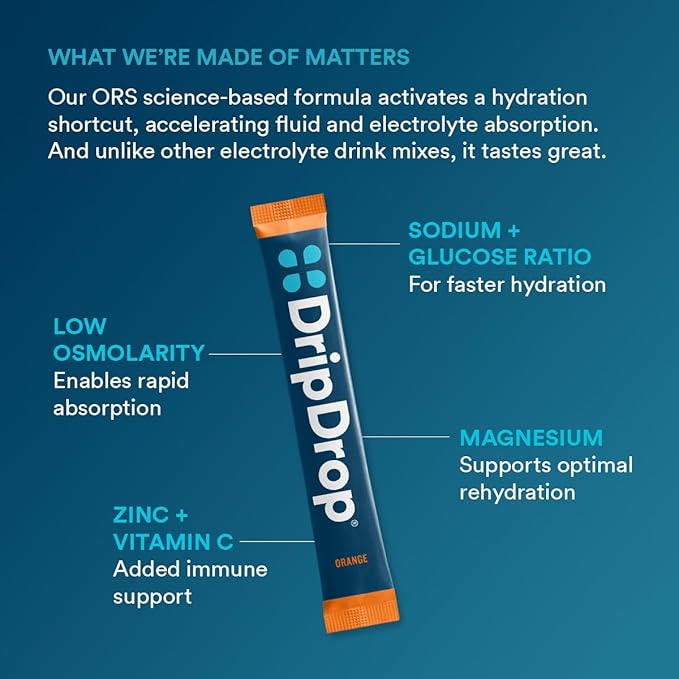 DripDrop Hydration Packets - Orange - Single Serve Electrolytes Powder Drink Mix - Non-GMO, Gluten Free, Vegan - 32 Sticks
