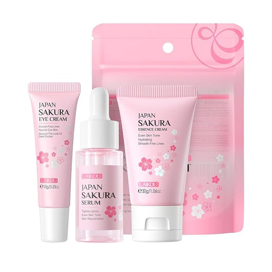 Skin Care Set JAPAN SAKURA Women Beauty Gift Sets Skin Care Kit with Serum, Eye Cream, Face Cream Travel Kit for Women Wife Mom Teen Girls TSA-friendly Sizes Birthday Gift 3pcs