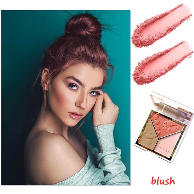 3-in-1 Highlighter Makeup Palette – Contour, Blush & Glow Kit with Matte & Shimmer Finish – Silky Pressed Powder for Face, Cheekbones, Eyes – Long-Lasting, Waterproof, Cool Toned, Travel-Friendly