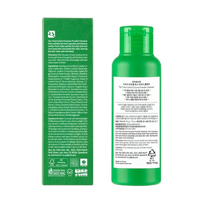 Papa Recipe Tea Tree Control Enzyme Powder Cleanser - Soft Exfoliating Facial Wash for Sensitive Skin (50g, 1.72oz) - Korean Skincare for Soothing, Balancing skin's moisture and oil level
