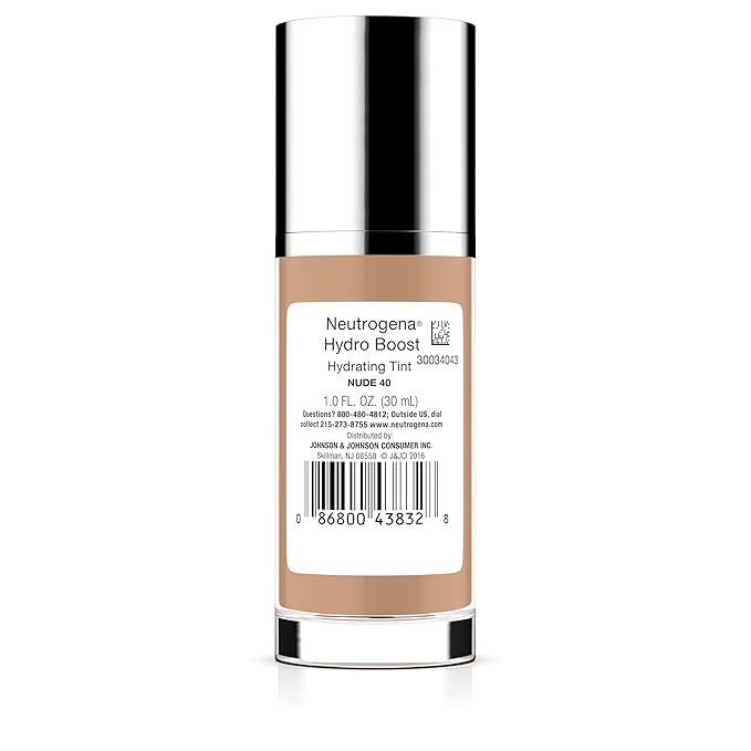 Neutrogena Hydro Boost Hydrating Tint Foundation Makeup for Dry Skin, with Hyaluronic Acid, Lightweight Oil-Free Water Gel, Non-Comedogenic, 40 Nude Color, 1.0 fl. oz
