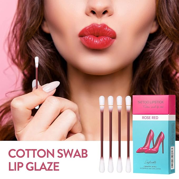 FLIPNEX 20Pcs Cotton Swab Tattoo Lipstick, Tattoo Lipstick Cotton Swab Lip Tint, Waterproof and Long Lasting Liquid Non-Stick Portable Lip Gloss (Rose)