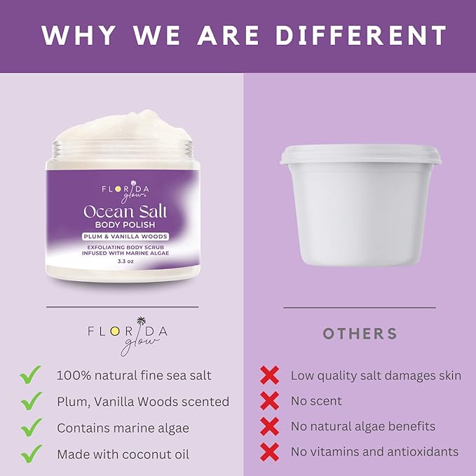 Sea Salt Body Scrub by Florida Suncare - Ocean Salt Body Polish Infused with Marine Algae - Exfoliating Face and Body Scrub -Facial Scrub Exfoliator to Tackle Acne, Scars (Plum & Vanilla Woods, 3.3oz)