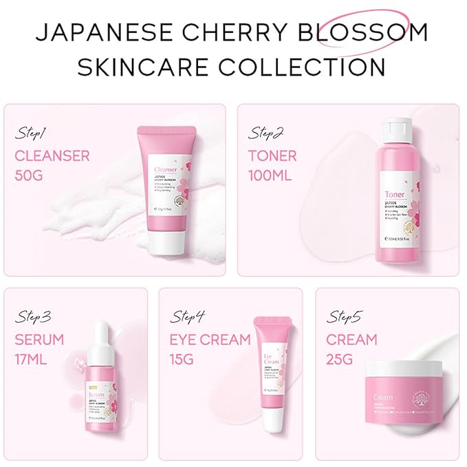 Korean Skin Care Set - Sakura Skin Care Sets & Kits - Women Gift Sets with Cleanser-Toner-Serum-Face Cream-Eye Cream - Skin Care Routine Kit for Women - Beauty Products Gift Box (SetB)