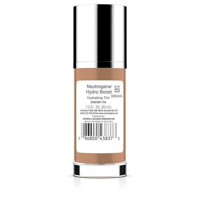 Neutrogena Hydro Boost Hydrating Tint Foundation Makeup for Dry Skin, with Hyaluronic Acid, Lightweight Oil-Free Water Gel, Non-Comedogenic, 115 Cocoa Color 1.0 fl. oz