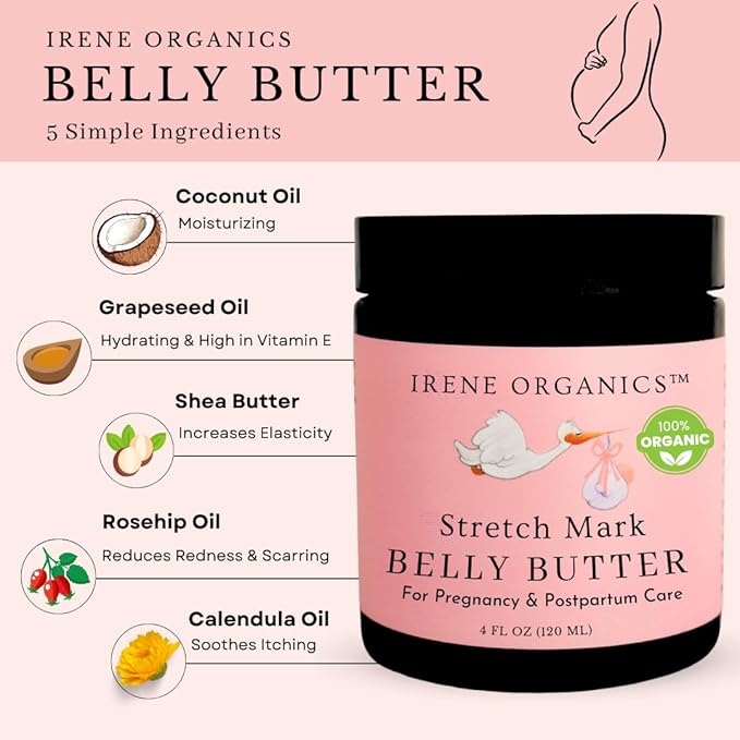 Organic Belly Butter for Pregnancy Stretch Mark Prevention and Treatment by Irene Organics - Award Winning Anti Stretch Mark Tummy Balm For Pregnancy and Postpartum 4oz - Hydrating Bump Cream