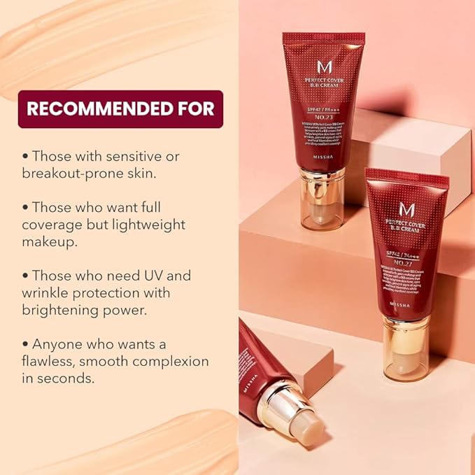 MISSHA M PERFECT COVER BB CREAM No.23 Natural Beige for Light with Neutral Skin Tone SPF 42 PA+++1.69 oz & M BB Boomer 40ml -Lightweight, Multi-Function, High Coverage