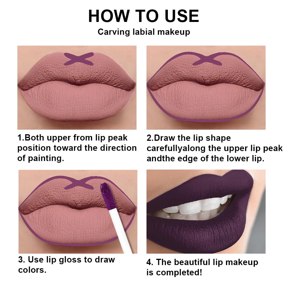 evpct 2Pcs Dark Deep Purple Matte Liquid Lipstick Lip Gloss Stain and Retractable Lip Liner Makeup Set for Women Long Lasting Waterproof 24 Hours Lipstick labial mate larga duracion 24 46#