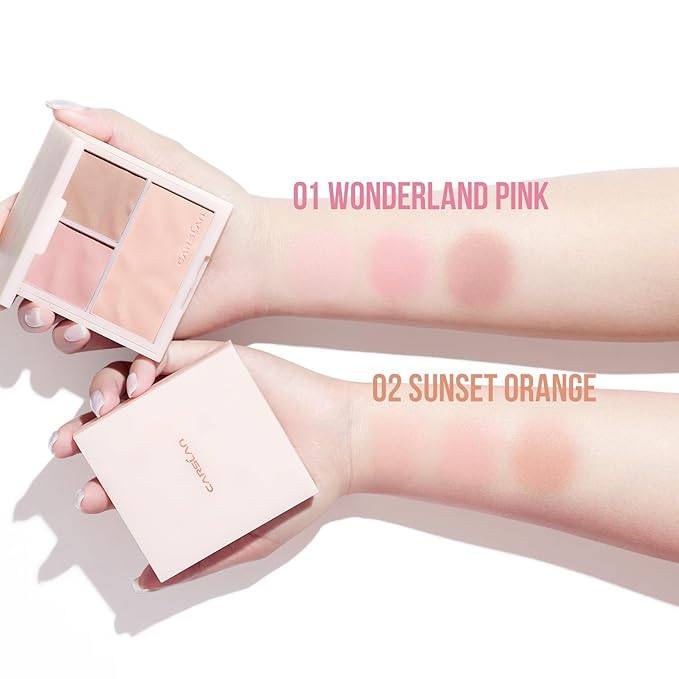 3 Colors Blush Palette For Cheek Makeup, Matte Blush Powder Blendable Face Blush,12H Longlasting, Lightweight, Smooth Pink Blush, Sunset Orange, 0.37Oz