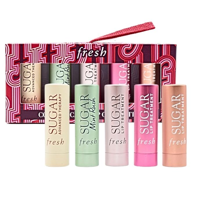Fresh Color & Care Lip Collection Holiday Gift Set:: Tinted Lip Balms in Sugar Rosé, Honey, Bloom, Sugar Advanced Therapy, Mint Rush Lip Treatment