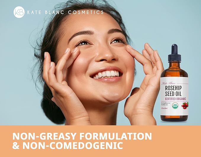 Kate Blanc Cosmetics Rosehip Oil for Face & Softer Glowing Skin (1oz, Organic, Pure, Cold Pressed) Rosehip Seed Face Oil for Facial & Gua Sha Massage