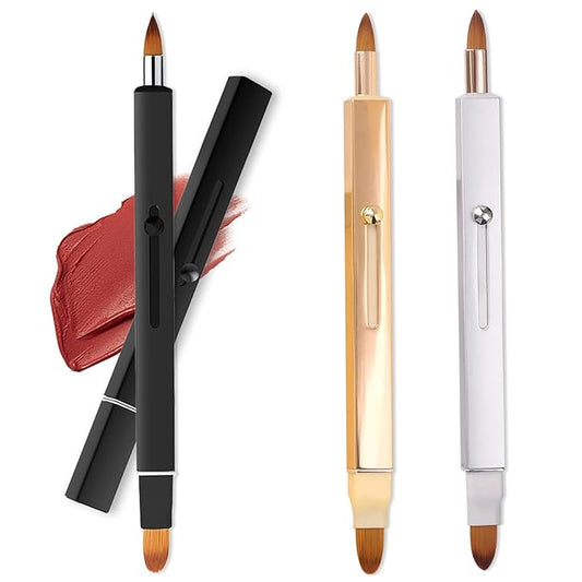 3 Pack Lip Brush for Lipstick Makeup Brushes Double-Ended Retractable Lip Brush with Cap Dustproof for Lipstick Gloss Creams Portable with Cap(Black + Gold + Silver)