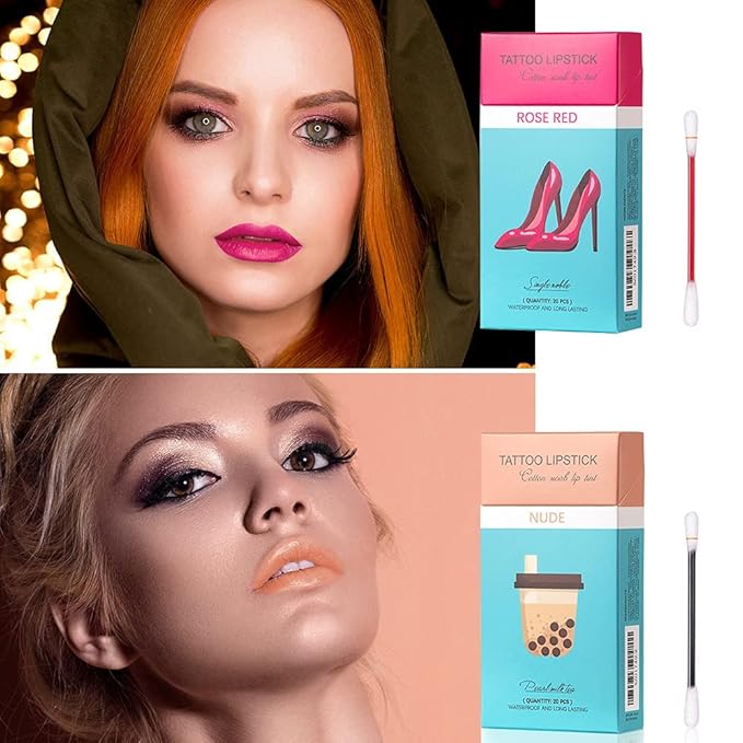 FLIPNEX 20Pcs Cotton Swab Tattoo Lipstick, Tattoo Lipstick Cotton Swab Lip Tint, Waterproof and Long Lasting Liquid Non-Stick Portable Lip Gloss (Multicolor)
