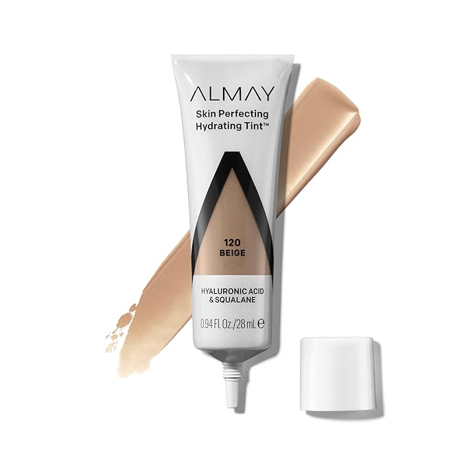 Almay Hydrating Liquid Foundation Tint, Lightweight with Light Coverage, Naturally Dewy Finish, Hypoallergenic, Dermatologist TestedFragrance Free, 120 Beige, 0.94 fl oz.
