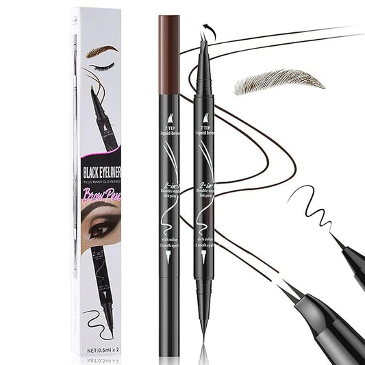 Curved 2 Tip Eyebrow Pen-Brown Eyebrow Pencil With Black Eyeliner 2-in-1 Dual-Ended Create Natural Hair-Like Brows,Waterproof,Smudge Proof,Long Lasting All-Day