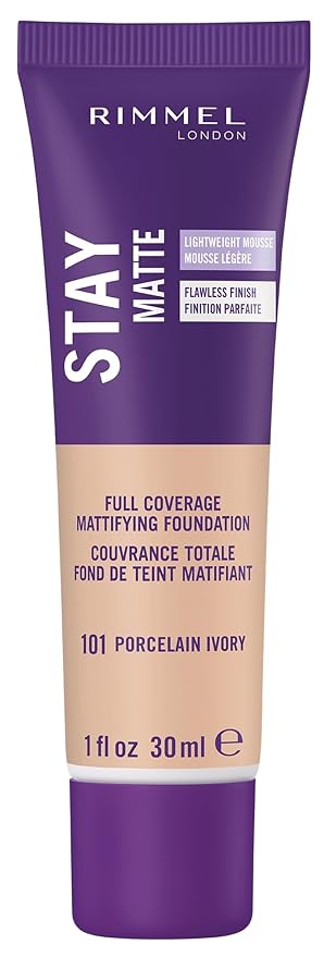Rimmel London Stay Matte Liquid Mousse - 101 Porcelain Ivory - Foundation, Lightweight, Shine Control, Oil-Free, 1oz
