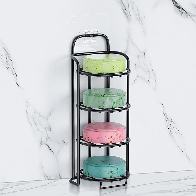 4-Tier Shower Soap Shampoo Bar Holder, Self Adhesive & Freestanding Draining Soap Dish Caddy for Bathroom Wall Accesories Decor Black