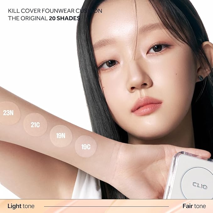 CLIO Kill Cover Founwear Cushion The Original – 20 Shades, Buildable Light to Medium Coverage, Natural Finish, Korean Makeup Foundation, Long-Lasting Skin Fit,19N PORCELAIN