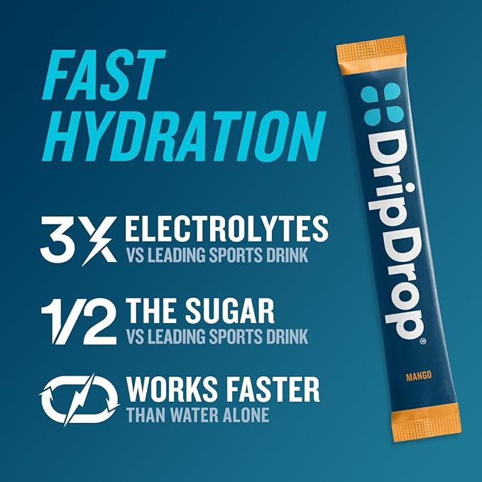 DripDrop Hydration Packets - Tropical Variety Pack - Single Serve Electrolytes Powder Drink Mix - Mango, Açaí, Passion Fruit, Piña Colada - Non-GMO, Gluten Free, Vegan - 32 Sticks