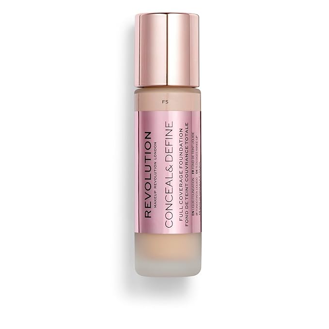 Revolution Beauty, Conceal & Define Foundation, Full Coverage, Long-Lasting Matte Finish, Vegan & Cruelty Free, F5 Light Skin Tones, 0.8 Fl.Oz.