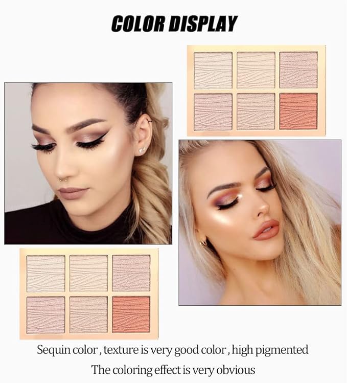 6 Colors Highlighter Makeup Face Palette, Shiny Glow Highlighter Shimmer Metallic Palette Professional Face Contouring Blemish Pallet, Natural Shiny Makeup Face Glitter Blush Cheeks Pallet Contour Illuminator Makeup Highlight Powder for Women