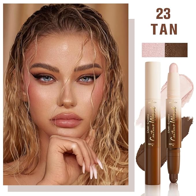 Dual-Ended 2-in-1 Cream Contour & Highlighter Stick – Waterproof, Long-Lasting for Face & Body Makeup, Suitable for All Skin Tones, 03#Darker Nude + Light Pink