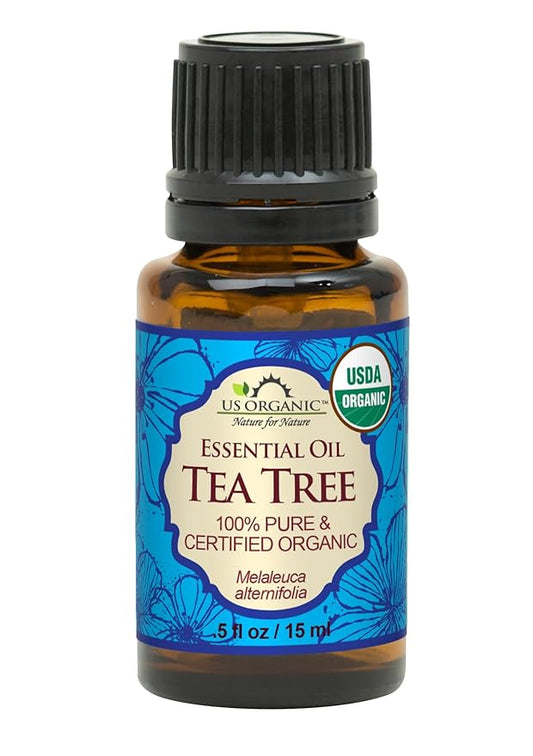 US Organic 100% Pure Tea Tree Essential Oil, Steam Distilled, USDA Certified Organic, for Hair, Skin, Scalp, Foot, Toenails, and More. Sourced from South Africa, Undiluted, Non-GMO (15 ml)